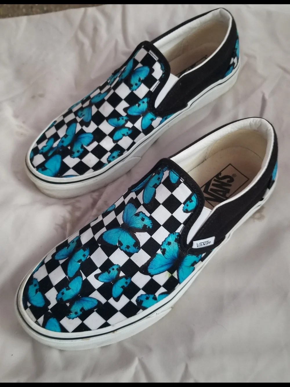Vans Women's 9 Black & White Checkerboard Slip-Ons with Blue Butterfly Print -31